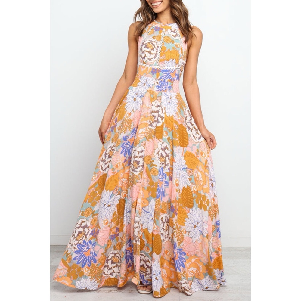 Floral Halter Maxi Dress in Mustard and Pastel Colors